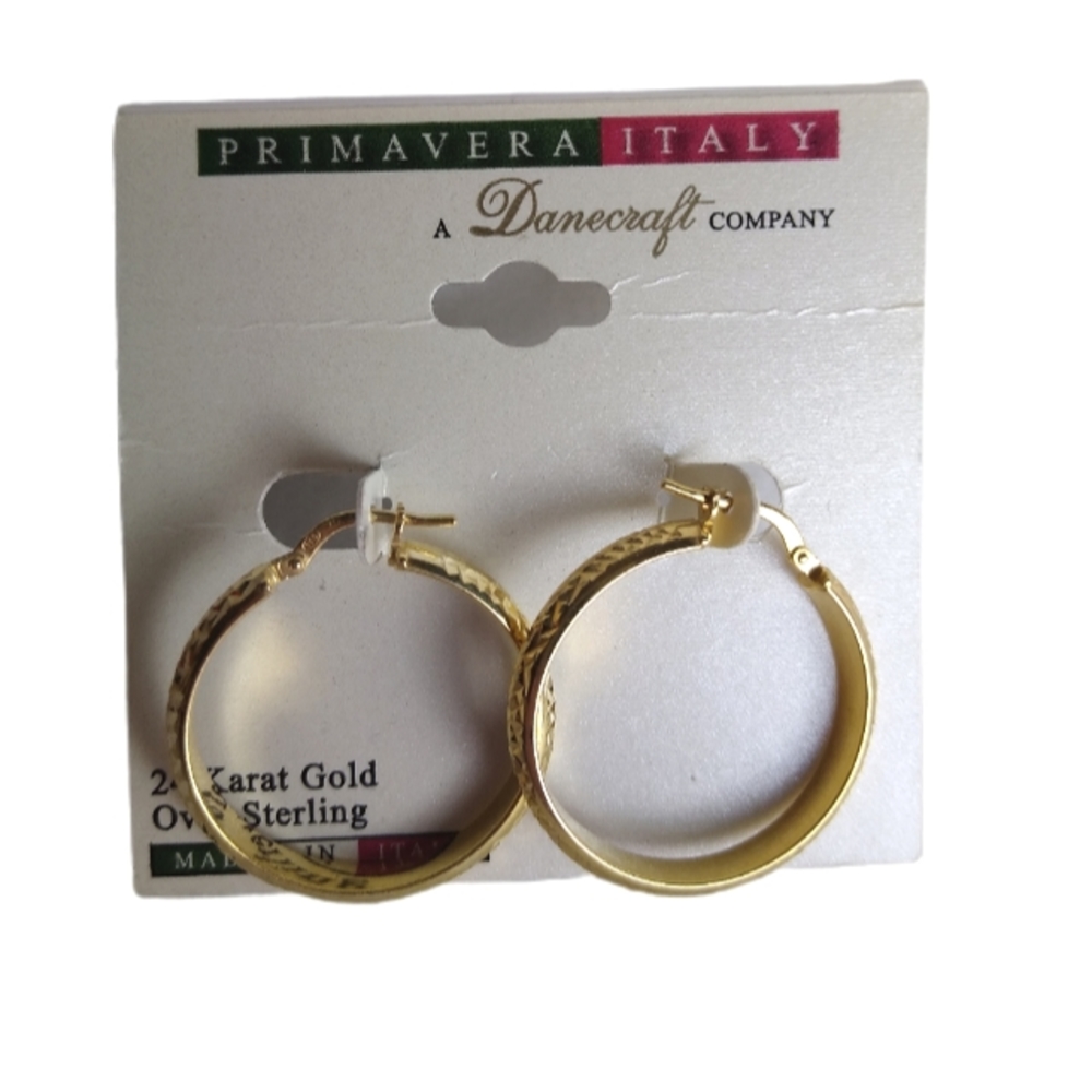 Made in Italy 24K Gold Over Sterling Silver Textured Hoop Earrings 1 & 2/8" NWT